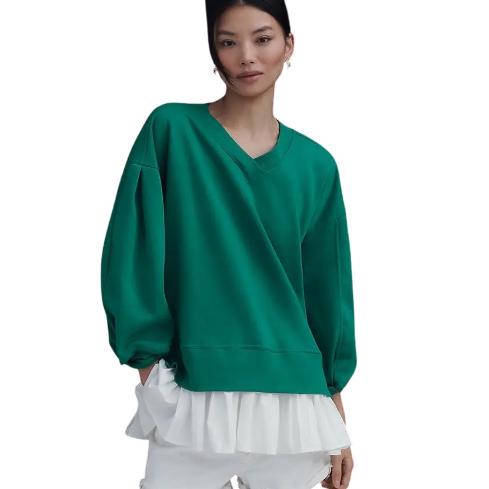 Maeve Anthropologie Green Mixed Media Pleated Hem Sweatshirt XL V-Neck Lantern